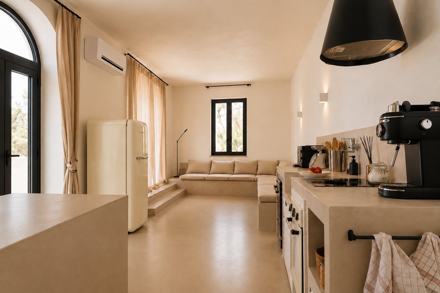 La cuisine de Casa Andrea depuis l'îlot — un plan en microciment avec plaque à induction et machine à café, une hotte conique noire au-dessus, un réfrigérateur crème près de la porte cintrée vitrée, la banquette maçonnée et sa fenêtre au fond, Pouilles.