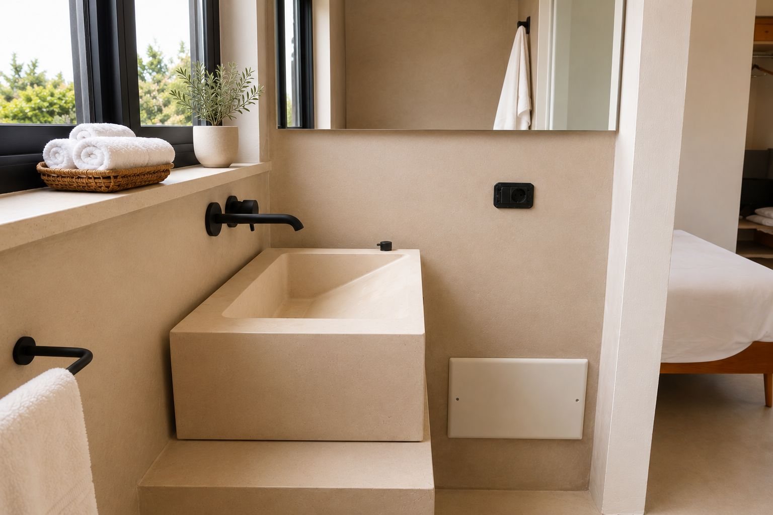 Une vasque taillée dans un seul bloc de pierre, dans une salle de bains en suite de Casa Andrea — robinetterie murale noire, des serviettes roulées dans un panier sur l'appui de fenêtre, la chambre et son lit de bois par l'ouverture, Pouilles.