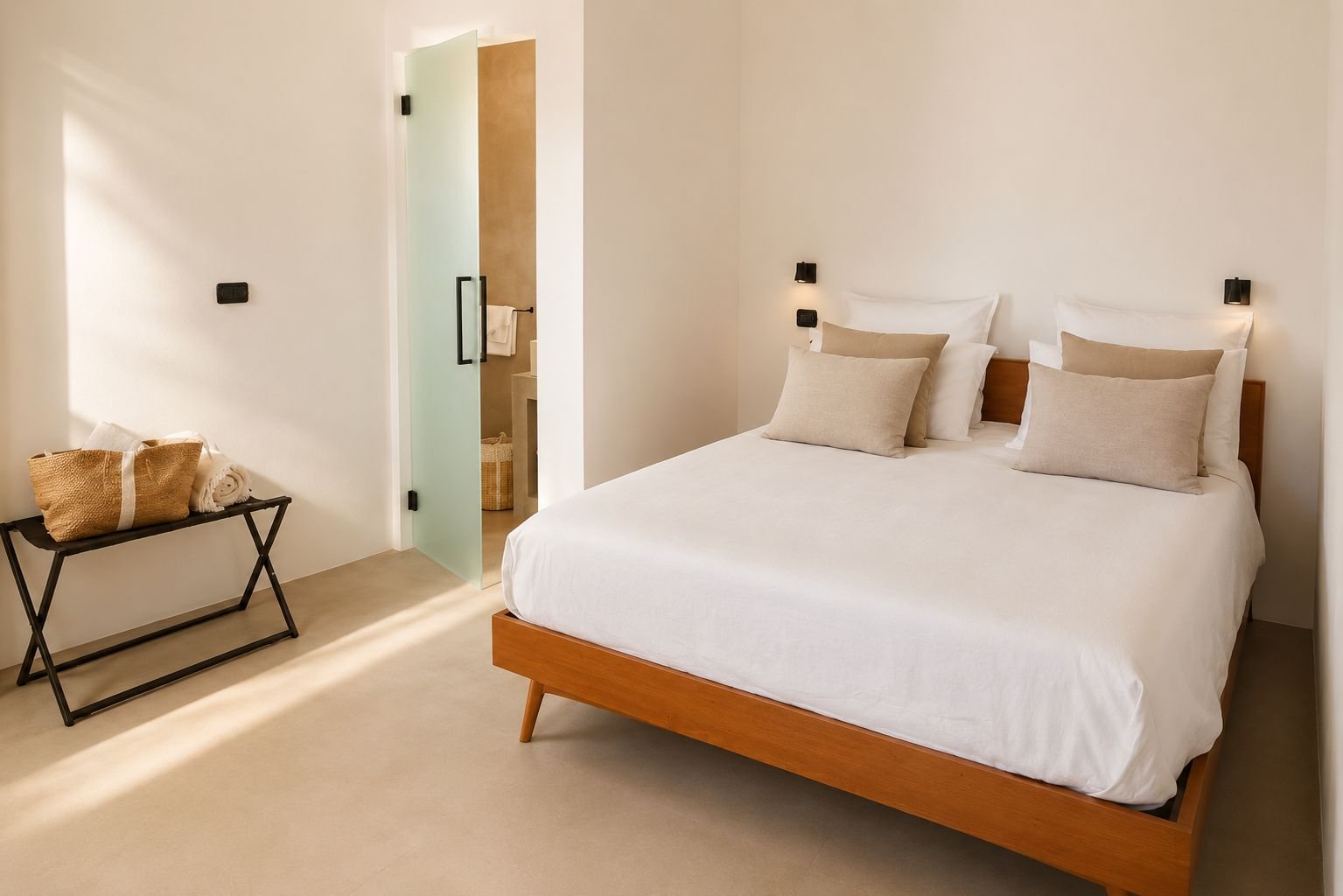 La troisième chambre en suite de Casa Andrea depuis la porte — le lit en bois, linge blanc et coussins beiges, deux appliques noires, la porte en verre dépoli de la salle d'eau ouverte, Pouilles.