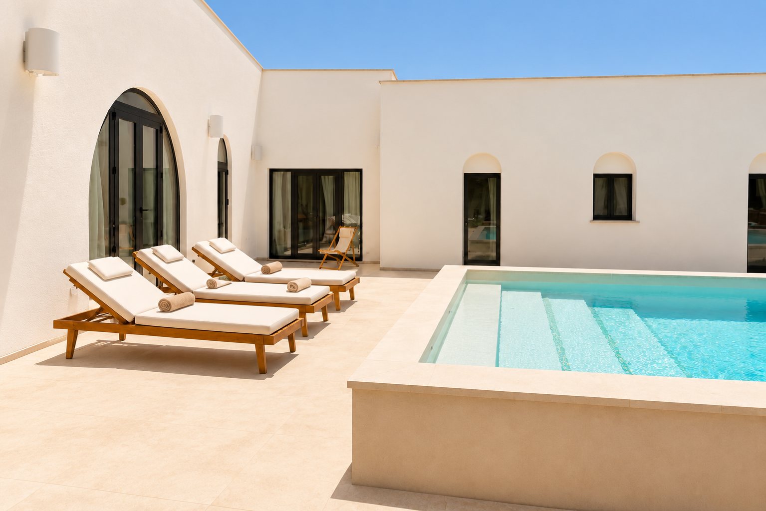 The courtyard of Casa Andrea — four teak sun loungers with rolled towels on the pale stone deck, the tall arched glazed door of the living room behind, the bedroom wing and its arched windows across the pool, Puglia.
