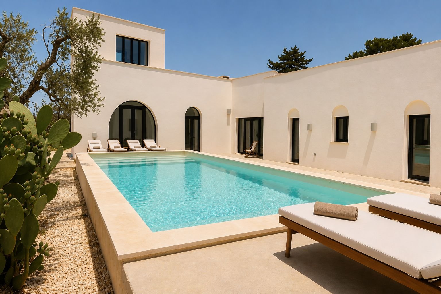The pool of Casa Andrea from the grove side — the long white villa with its arched window recesses and the rooftop office above, sun loungers along the deck, a prickly pear in the foreground, clear sky, Puglia.