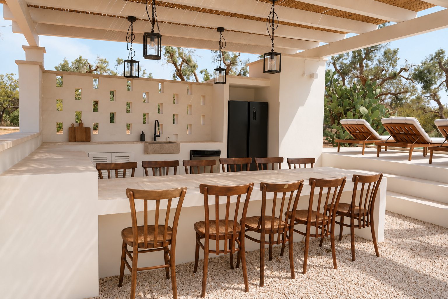 The summer kitchen of Casa Andrea under its pergola — a long stone bar with ten wooden chairs, the stone sink and the black fridge behind, sun loungers and a prickly pear beyond, gravel underfoot, Puglia.