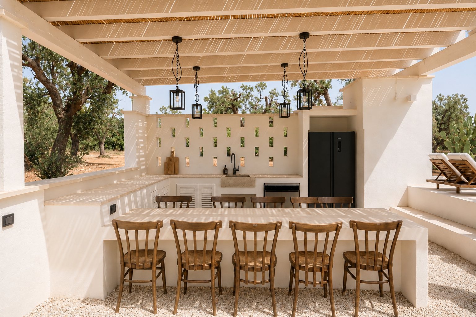 The summer kitchen of Casa Andrea under its timber and cane pergola — a pale stone worktop with a stone sink and a plancha, a wall of pierced blocks letting the grove through, black lanterns hanging from the beams, bistro chairs at the bar, sun loungers beyond, Puglia.
