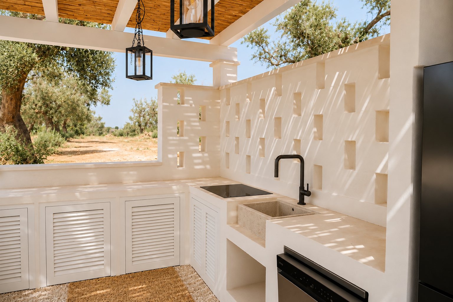 The summer kitchen worktop at Casa Andrea — a stone sink and an induction hob set into pale stone, a wall of pierced blocks throwing squares of light, black lanterns under the cane pergola, the olive grove through the opening, Puglia.