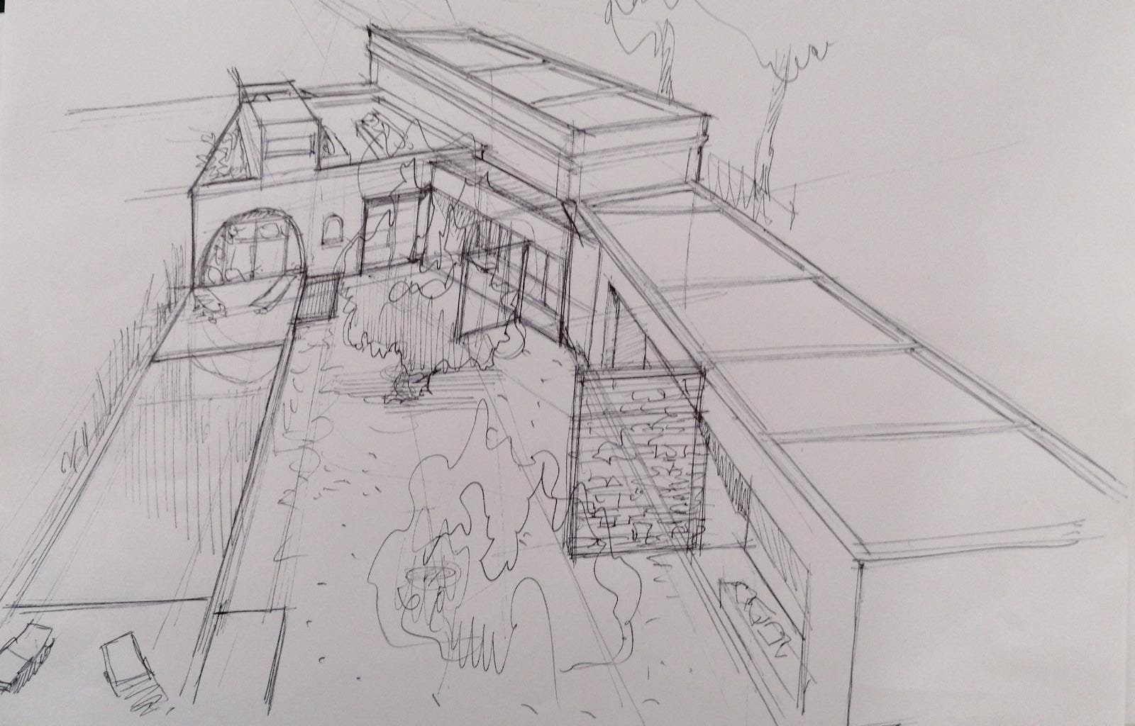 Esquisse au crayon et à l'encre de l'architecte Claudio Monnini, montrant la future Casa Andrea : le casale d'un côté, une nouvelle extension R+1 avec bureau perché sur le toit, et une longue piscine en bas — août 2022.