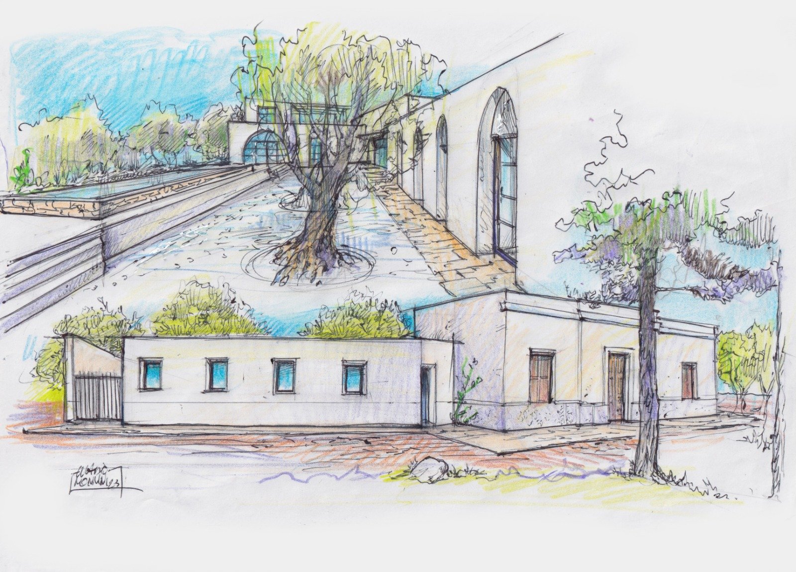 Claudio Monnini's signed watercolour of Casa Andrea — the restored casale, the new wings, the central olive and the long pool.
